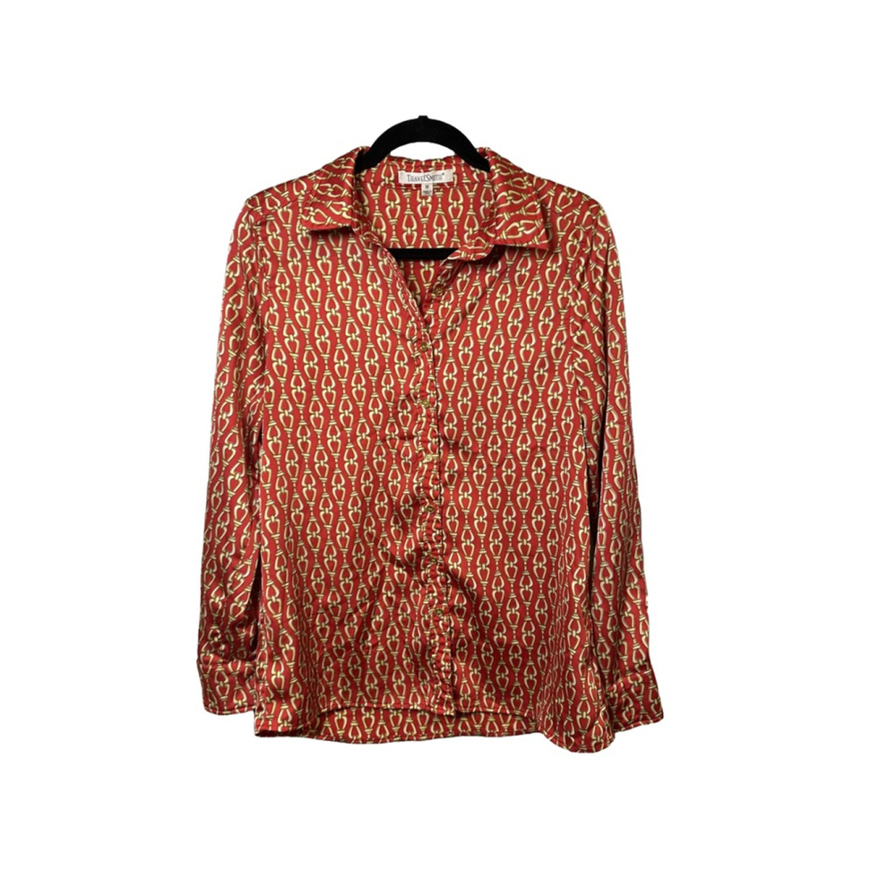 TravelSmith Button Down Red Gold Chain Print Blouse Size M
